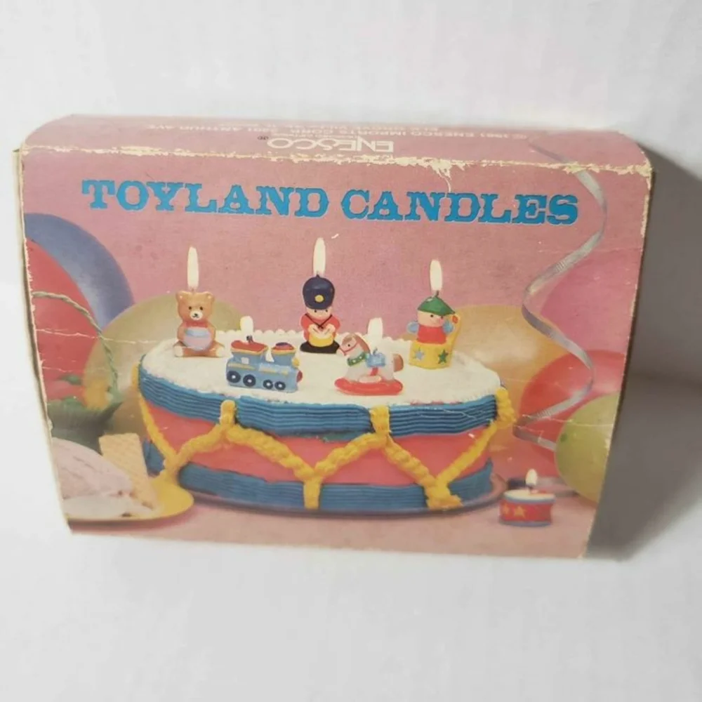 Vtg Enesco Cake Candle Toppers - Train Drum Jack-in- the-Box Teddy Bear Toy